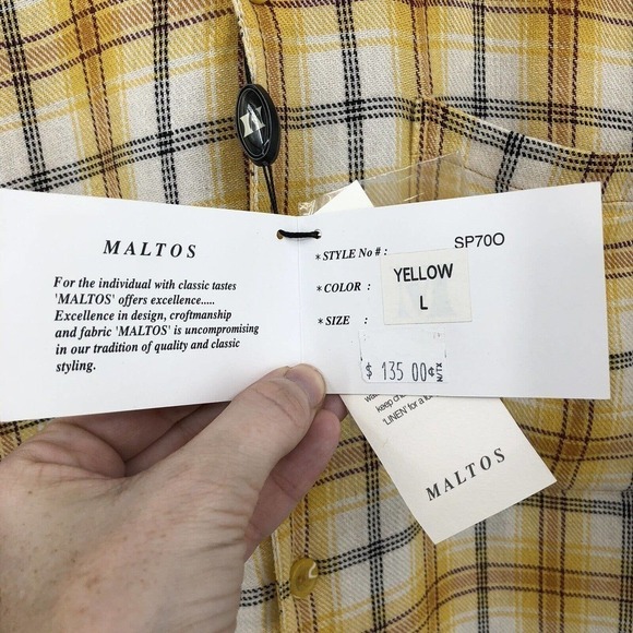 Maltos Men’s Button Up Shirt Size L Plaid Linen Rayon Blend Short Sleeve Yellow - Picture 9 of 12